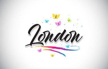 London Handwritten Vector Word Text with Butterflies and Colorful Swoosh.