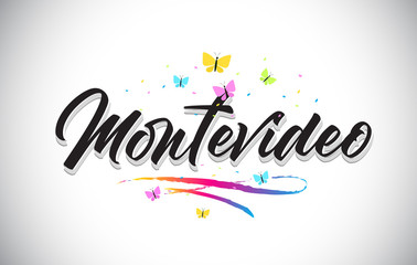 Montevideo Handwritten Vector Word Text with Butterflies and Colorful Swoosh.