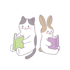 Cartoon cute cat and rabbit reading book vector.