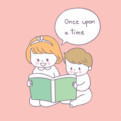 Cartoon cute boy and girl reading book vector.