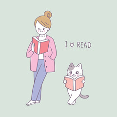 Cartoon cute woman and cat reading book vector.