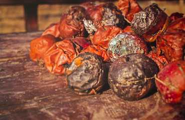 rotten apples on the table in the garden