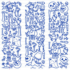 Vector set of pirates children's drawings icons in doodle style. Painted, colorful, pictures on a piece of linear paper on white background.