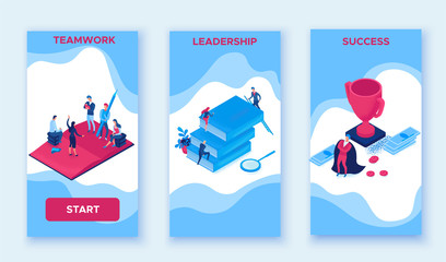 Success career 3 mobile vertical templates, isometric infographic 3d concept, creative man teamwork vector illustration with leader climbing career path reach goal, people meeting for motivation