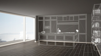 Empty white interior with parquet floor and big panoramic window, custom architecture design project, white ink sketch, blueprint showing classic kitchen