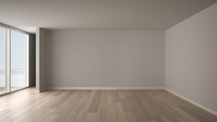 Empty room interior design, open space with big panoramic window, balcony on sea panoramic view, parquet wooden floor, modern contemporary architecture