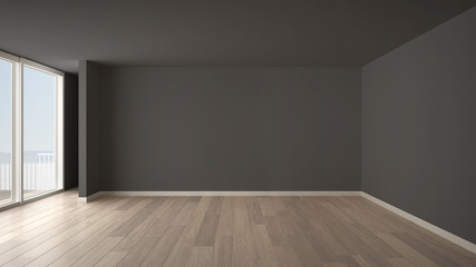 Empty room interior design, open space with big panoramic window, balcony on sea panoramic view, parquet wooden floor, modern contemporary architecture