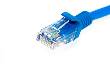 image of blue computer network ethernet cable isolated on white background.  LAN cable.