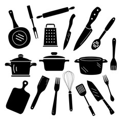 Kitchen Cooking Icons. Black silhouette object set.