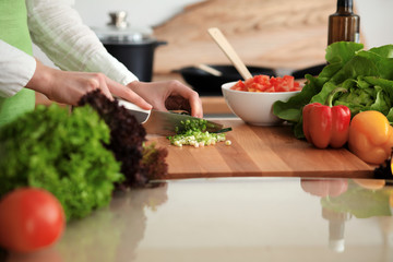 Unknown human hands cooking in kitchen. Woman slicing green onion. Healthy meal, and vegetarian food concept