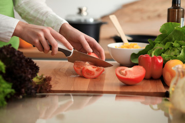 Unknown human hands cooking in kitchen. Woman slicing red tomatoes. Healthy meal, and vegetarian food concept