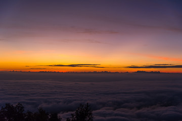 Mountain panorama during sunrise. Beautiful natural panoramic landscape in the summer time