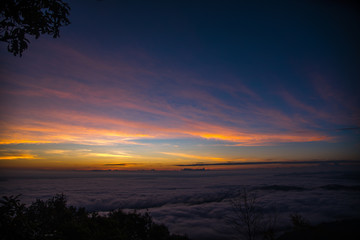 Fototapeta na wymiar Mountain panorama during sunrise. Beautiful natural panoramic landscape in the summer time