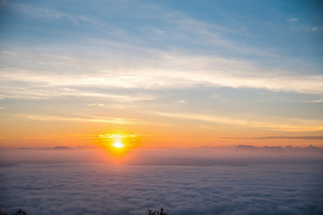 Mountain panorama during sunrise. Beautiful natural panoramic landscape in the summer time
