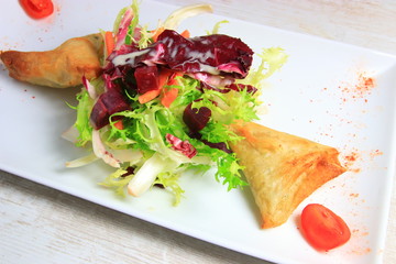 plate of samoussa and lettuce salad, Asian cuisine