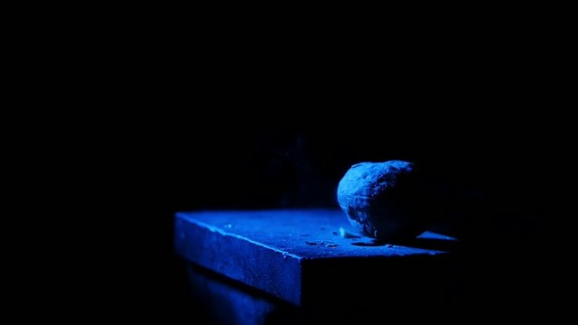 man smashes nuts with a hammer on the anvil in slow motion on black bg with blue light
