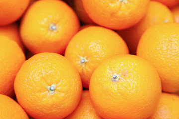 Many tasty ripe orange mandarins are piled on counter at the farmers market. New Year fruit concept, fresh squeezed vitamin juice, healthy foods