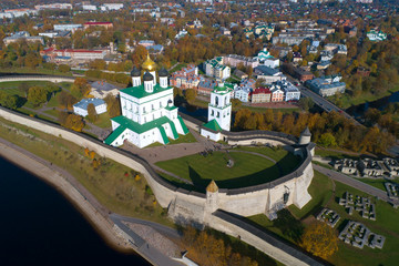 Over the Pskov Kremlin in the sunny October afternoon. Russia
