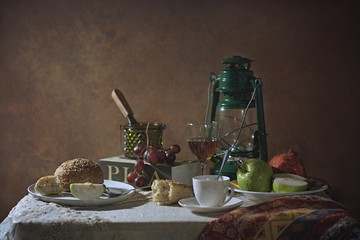 Still life of fruits on the table in art style