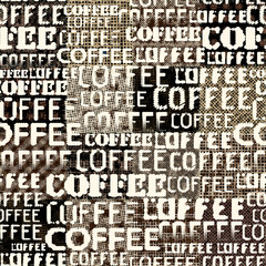 Coffee pattern on a rough canvas texture Seamless pattern.