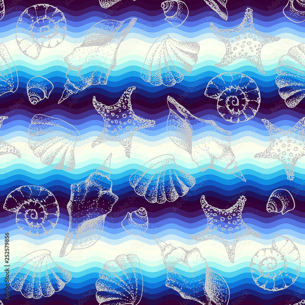 Poster blue waves pattern and hand draw in marine style.
