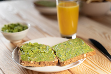 breakfast with avocado toast, orange juice