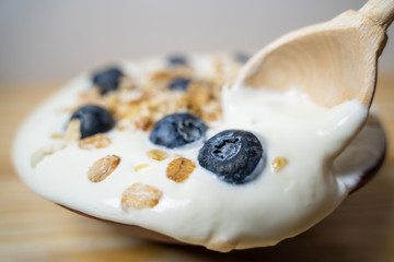 Homemade oatmeal granola with blueberry in wooden bowl, sunny morning
