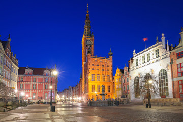 Beautiful architecture of the old town in Gdansk at night, Poland