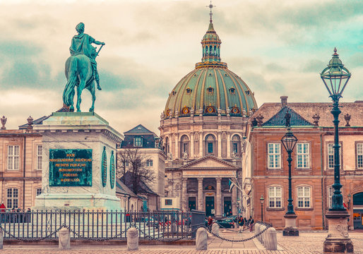 View of the Frederik's Church (Marble Church) and Frederik V on Horseback. Copenhagen, Denmark