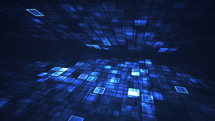 Abstract blue graphic flashing rectangle grid perspective background. Digital technology futuristic illustration concept.