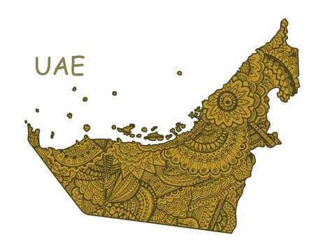 Textured vector map of UAE. Hand drawn ethno pattern, tribal background.