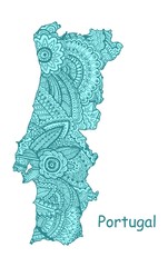 Textured vector map of Portugal. Hand drawn ethno pattern, tribal background.