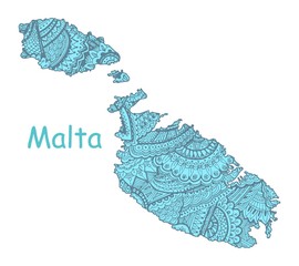 Textured vector map of Malta. Hand drawn ethno pattern, tribal background.
