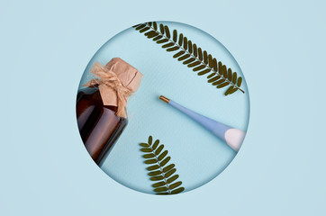 Medicine background - pharmacy. Pharmaceutical pills on blue backdrop. Flat lay image