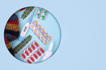 Medicine composition. Pharmacy concept background. Flat lay, top view of festive still life and health