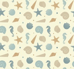 Seamless background with silhouettes of sea shells, seahorse and starfish