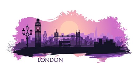 Stylized landscape of London with big Ben, tower bridge and other attractions