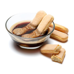 Italian Savoiardi Biscuits and coffee isolated on white with clipping path