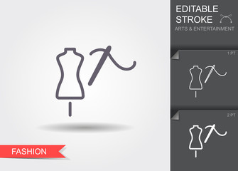 Tailor s dummy and needle. Line icon with shadow and editable stroke