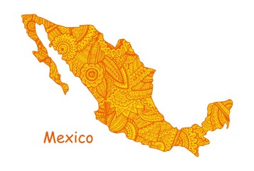 Textured vector map of Mexico. Hand drawn ethno pattern, tribal background.