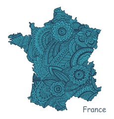 Textured vector map of France. Hand drawn ethno pattern, tribal background.