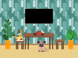 animals sit near the table in the kitchen near the meal
