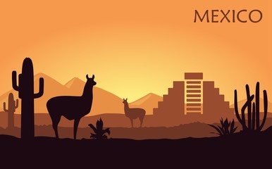 Stylized landscape of Mexico with a llama, cactuses and ancient pyramid.