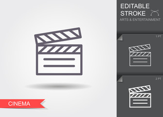 Film clapper board. Line icon with shadow and editable stroke