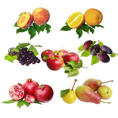 Set of different fruits on a white background. Orange, peach, grapes, pomegranate, apple, plum, pear. Isolated on white