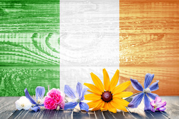 Grunge flag of Ireland with wildflowers. Wood texture. Background for design and text