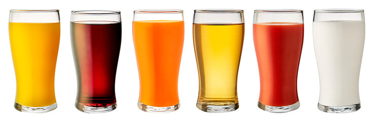 Set Glass of fresh juice, milk isolated on white background. 