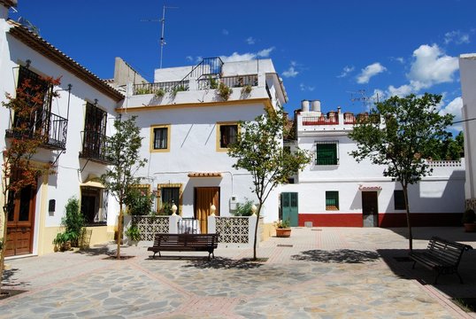 Traditional Spanish townhouses in the Plaza de San Bernabe in the old town, Marbella.