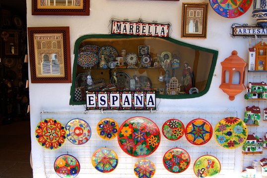 Traditional ceramic gifts for sale in a shop in the old town, Marbella.