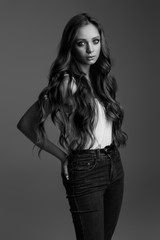 Black and white photography, beautiful model with curly hair